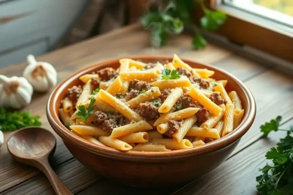 Cheesy Penne with Garlic Butter Ground Beef