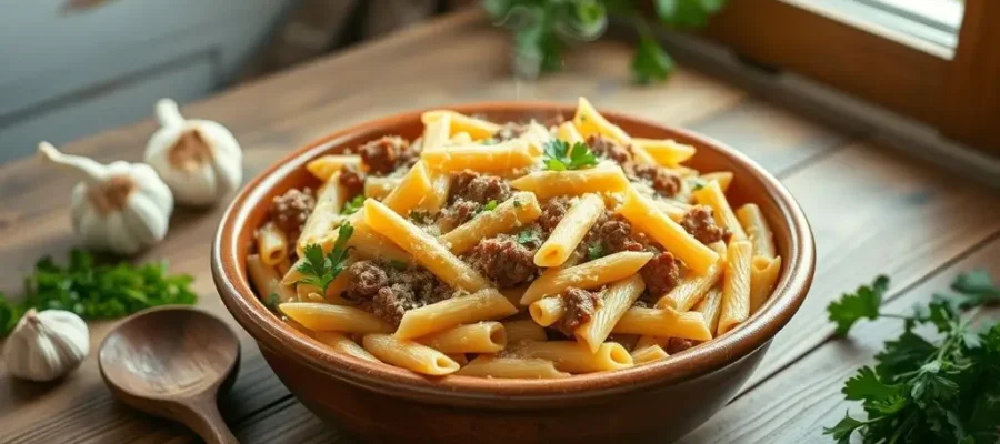 Cheesy Penne with Garlic Butter Ground Beef