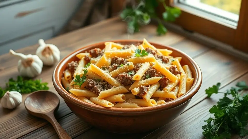 Cheesy Penne with Garlic Butter Ground Beef