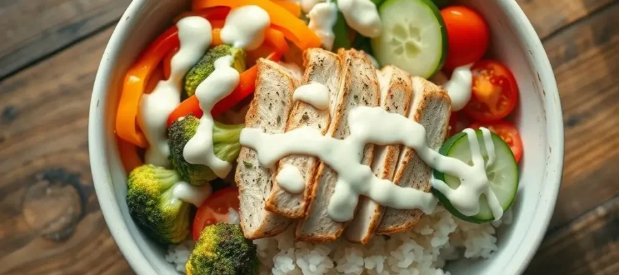 Chicken & Rice Bowls with Creamy Garlic Sauce