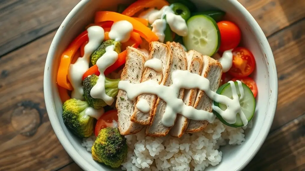 Chicken & Rice Bowls with Creamy Garlic Sauce