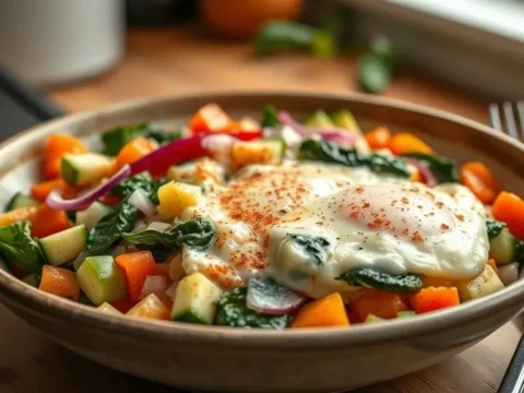 Veggie-Packed Egg White Scramble (160 calories, 18g protein)
