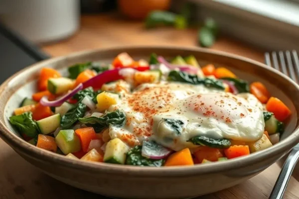 Veggie-Packed Egg White Scramble (160 calories, 18g protein)