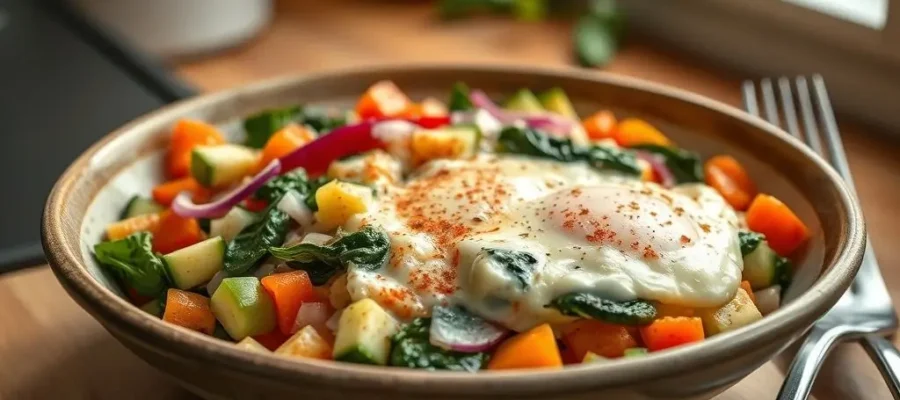 Veggie-Packed Egg White Scramble (160 calories, 18g protein)