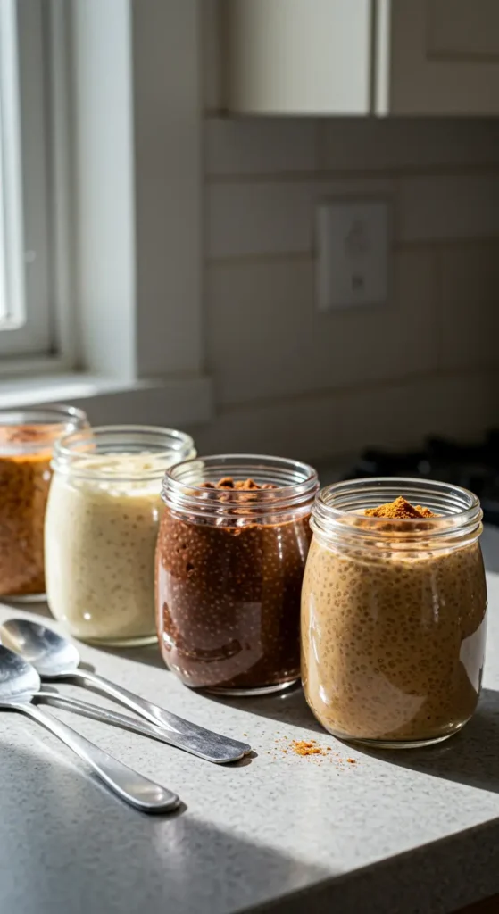 Chia Pudding 4 Ways (170–220 Calories, 10–15g Protein Each)