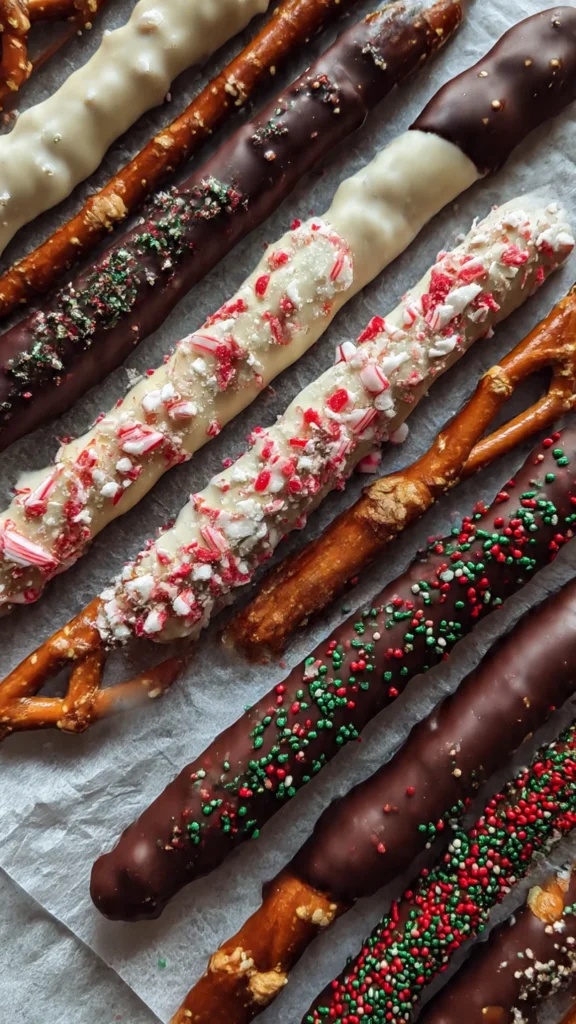 12. Chocolate-Covered Pretzel Rods Dipped in Holiday Chaos
