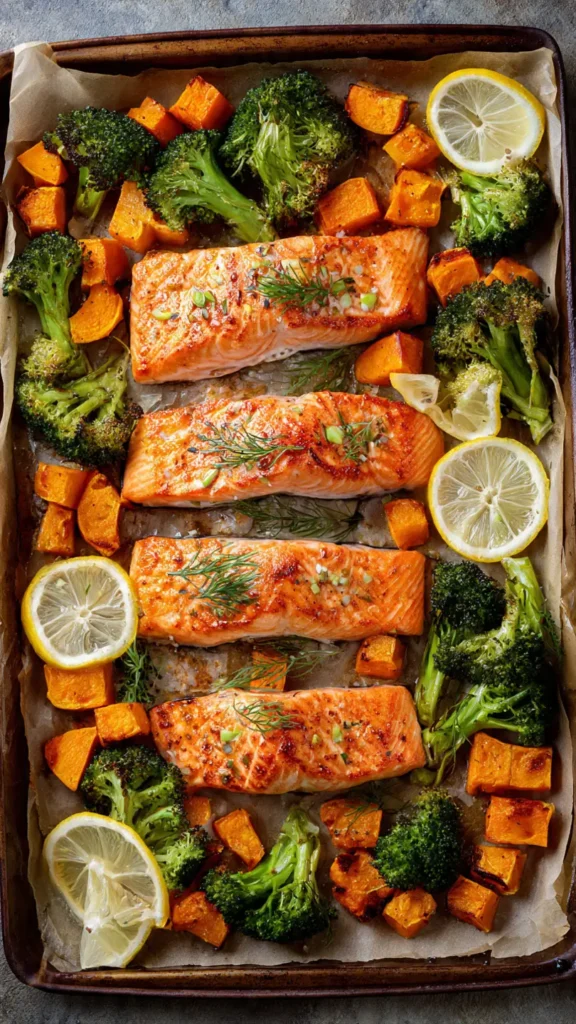 3. Sheet Pan Salmon with Sweet Potatoes and Broccoli