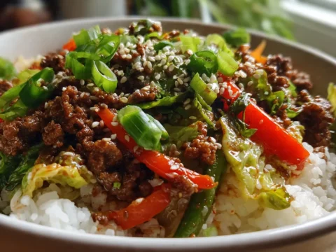 Spicy Ground Beef Stir-Fry Bowl with Garlic Veggies & Steamy Rice