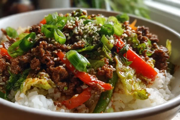 Spicy Ground Beef Stir-Fry Bowl with Garlic Veggies & Steamy Rice