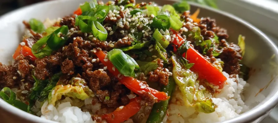 Spicy Ground Beef Stir-Fry Bowl with Garlic Veggies & Steamy Rice