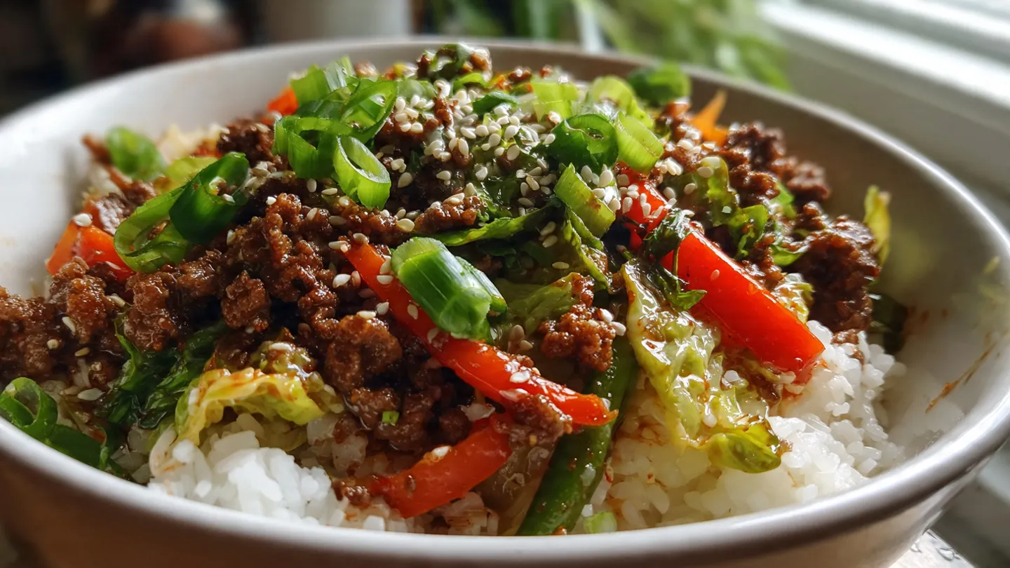Spicy Ground Beef Stir-Fry Bowl with Garlic Veggies & Steamy Rice