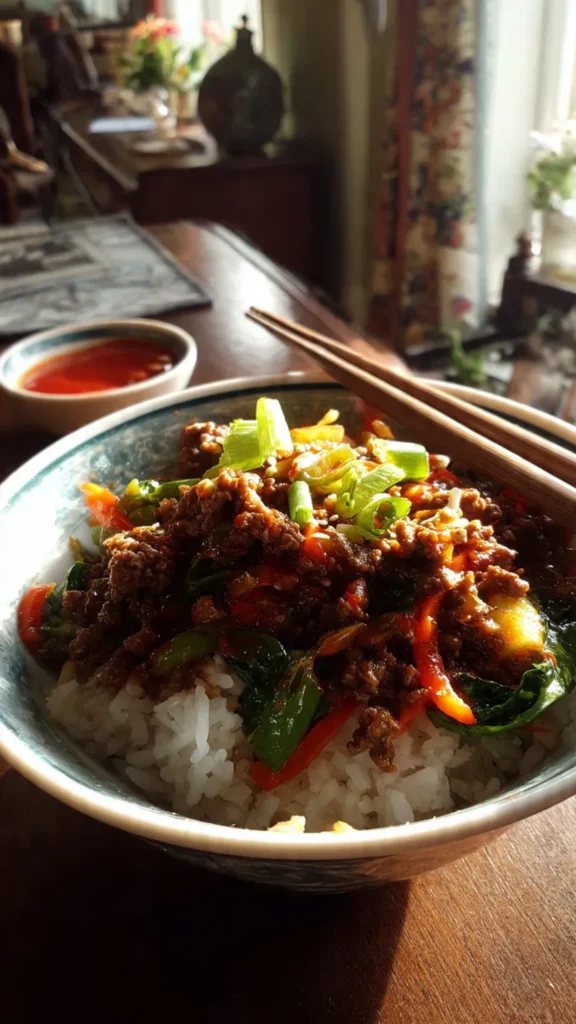 Spicy Ground Beef Stir-Fry Bowl with Garlic Veggies & Steamy Rice