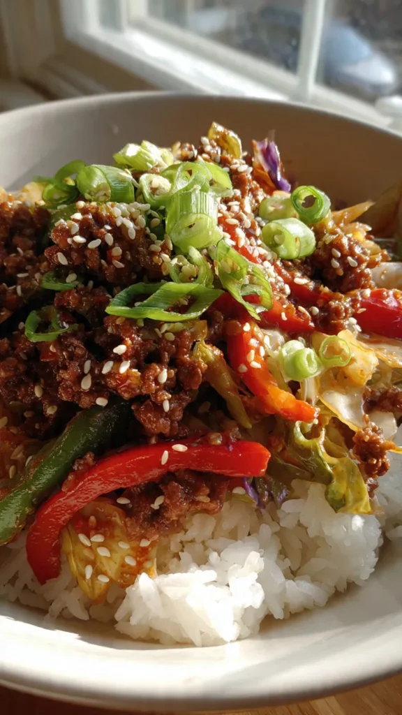 Spicy Ground Beef Stir-Fry Bowl with Garlic Veggies & Steamy Rice