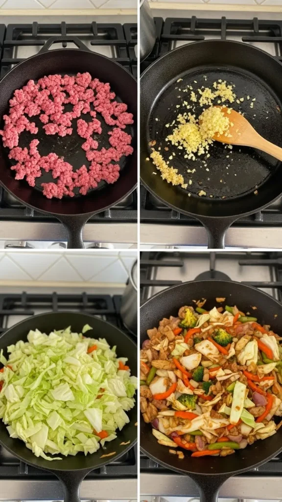 Spicy Ground Beef Stir-Fry Bowl with Garlic Veggies & Steamy Rice