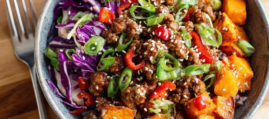 High-Protein Ground Beef Hot Honey Bowl for Meal Prep