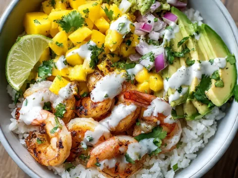 Shrimp and Avocado Bowls with Mango Salsa & Lime-Chili Sauce