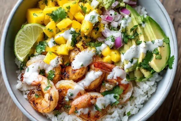 Shrimp and Avocado Bowls with Mango Salsa & Lime-Chili Sauce