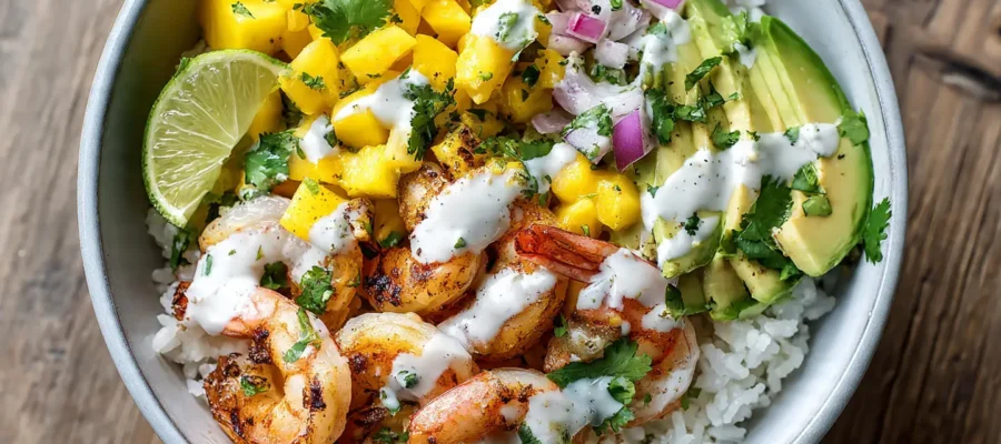 Shrimp and Avocado Bowls with Mango Salsa & Lime-Chili Sauce
