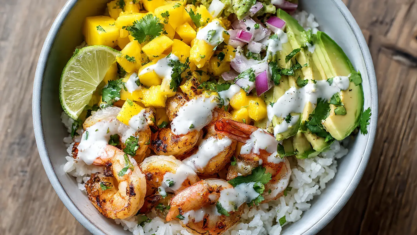 Shrimp and Avocado Bowls with Mango Salsa & Lime-Chili Sauce