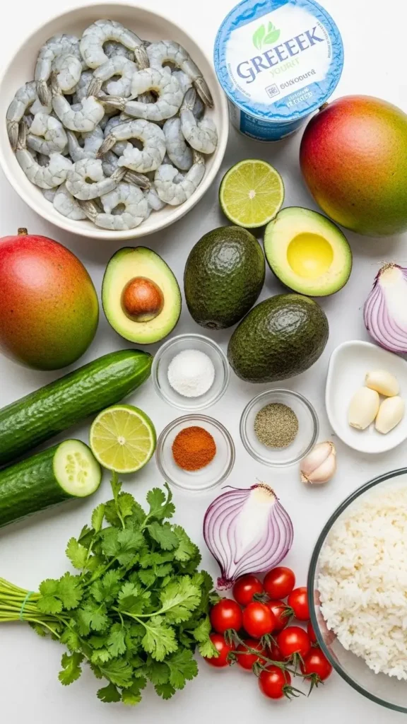 Shrimp and Avocado Bowls with Mango Salsa & Lime-Chili Sauce