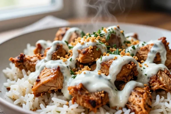 Buffalo Chicken Bowls with Rice and Creamy Ranch Drizzle