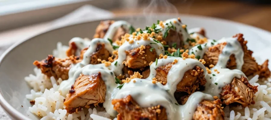 Buffalo Chicken Bowls with Rice and Creamy Ranch Drizzle