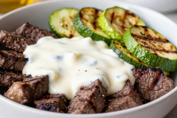 Grilled Steak Bowls with Creamy Sauce and Grilled Zucchini