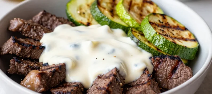 Grilled Steak Bowls with Creamy Sauce and Grilled Zucchini