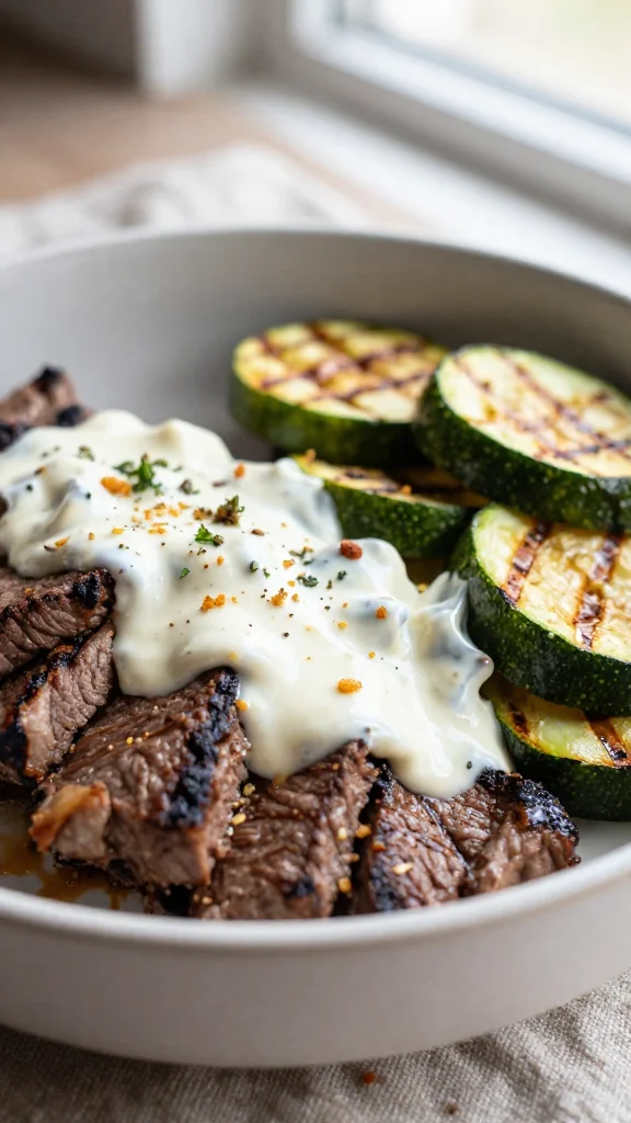 Grilled Steak Bowls with Creamy Sauce and Grilled Zucchini