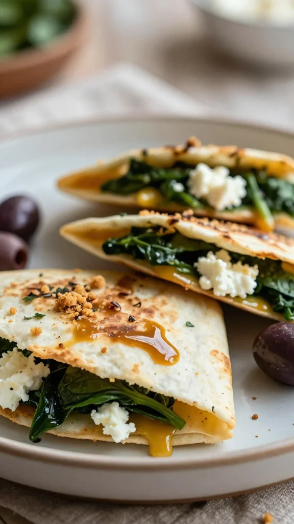 Mediterranean Quesadillas with Spinach, Feta, and Olives