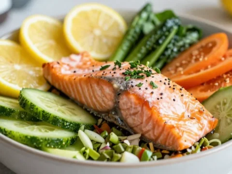 Mediterranean Salmon Bowl with Lemon, Herbs, and Veggies