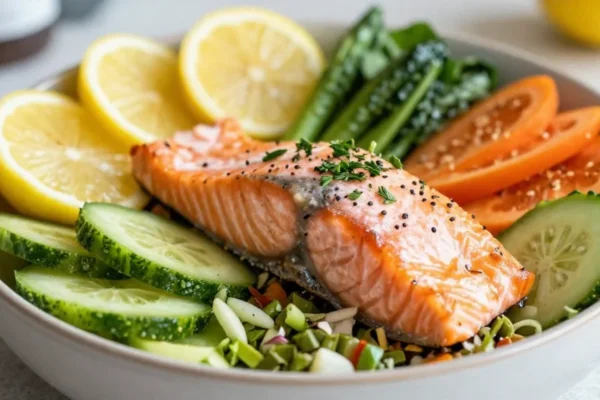 Mediterranean Salmon Bowl with Lemon, Herbs, and Veggies
