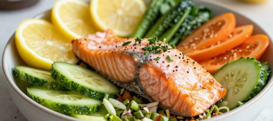 Mediterranean Salmon Bowl with Lemon, Herbs, and Veggies