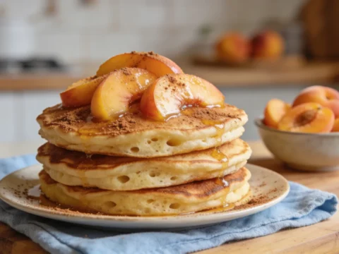 Fluffy Peach Pancakes with Cinnamon (190 calories, 5g protein)