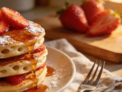 Fresh Strawberry Pancakes with Maple Glaze (186 cal per serving, 6g protein)