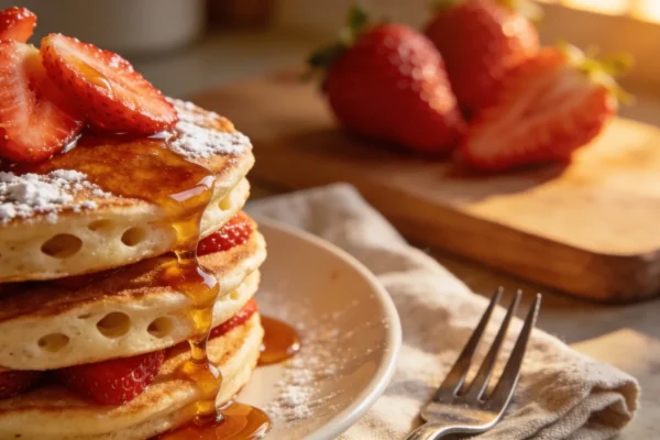 Fresh Strawberry Pancakes with Maple Glaze (186 cal per serving, 6g protein)
