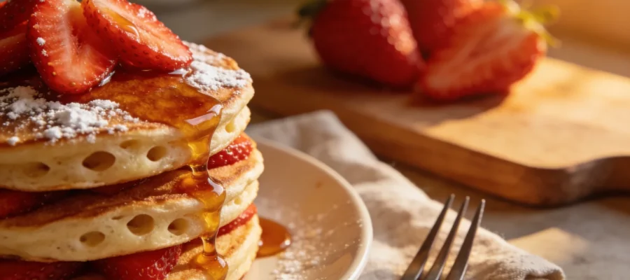 Fresh Strawberry Pancakes with Maple Glaze (186 cal per serving, 6g protein)