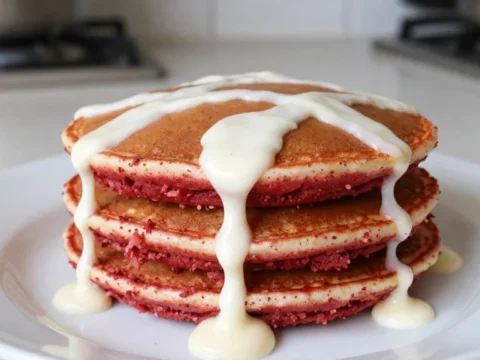 Red Velvet Pancakes Recipe with Cream Cheese Drizzle