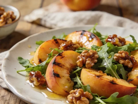 Grilled Peach Arugula Salad with Candied Walnuts