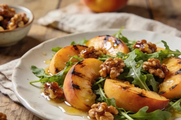 Grilled Peach Arugula Salad with Candied Walnuts