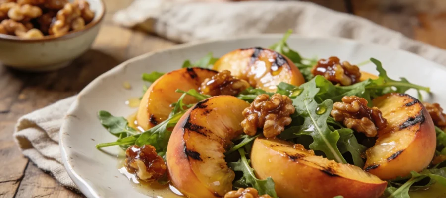 Grilled Peach Arugula Salad with Candied Walnuts