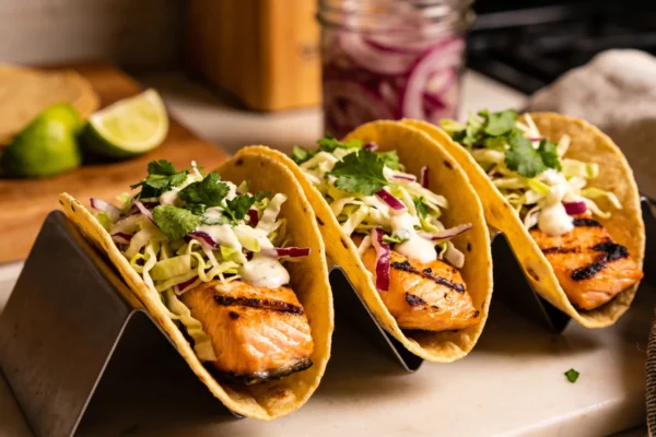Grilled Salmon Tacos with Cilantro Lime Slaw