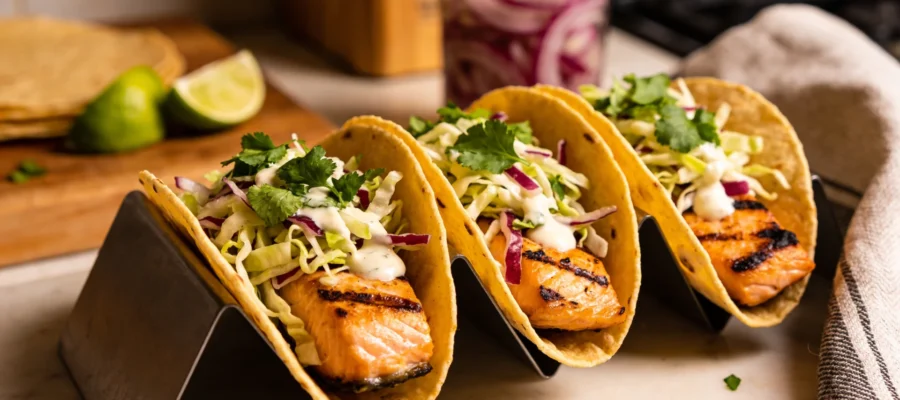 Grilled Salmon Tacos with Cilantro Lime Slaw