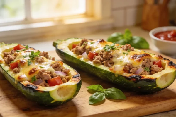 Zucchini Boats with Ground Turkey and Cheese