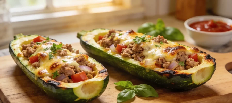 Zucchini Boats with Ground Turkey and Cheese